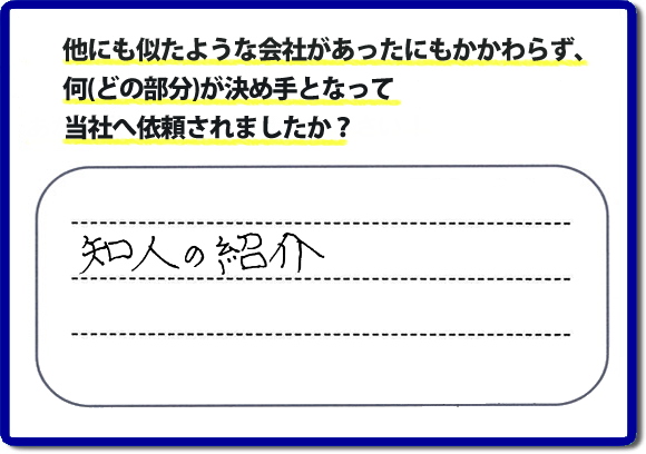 口コミ評判１３　知人の紹介。　当社にはリピーターさまをはじめ、ご依頼いただいたお客様からのご紹介により、ご依頼をしてくださる方々もたくさんいます。お客様からの評判が次の依頼者さまへの架け橋へ。また、当社へはたくさんの口コミコメントもいただいています。電話の対応、信頼できる、安心して任せらる便利屋・何でも屋として「【便利屋】暮らしなんでもお助け隊 福岡六本松店」（福岡）へご依頼をいただき続けて２０年。家丸ごと片付け、不用品片付け、ハウスクリーニング、リフォーム、ちょっとした作業でも構いませんので、まずはお電話ください。福岡で口コミ評判一番の何でも屋、【便利屋】暮らしなんでもお助け隊 福岡六本松店